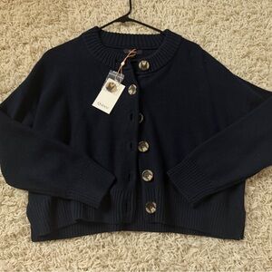 Quince Navy Button-Front Cropped Cardigan